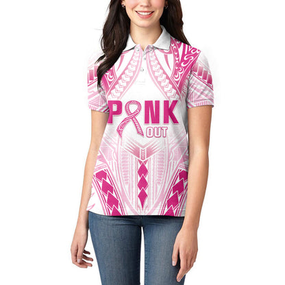 Breast Cancer Pink Out Women Polo Shirt Polynesian Art Tattoo White Version