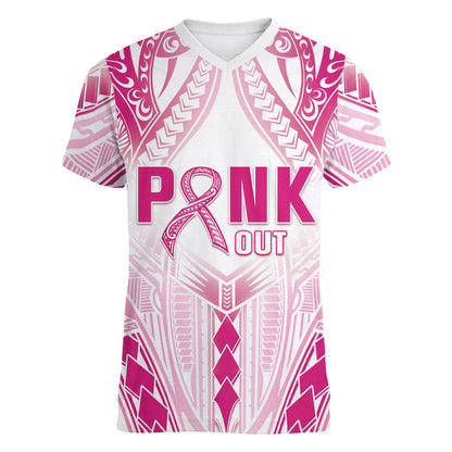 Breast Cancer Pink Out Women V-Neck T-Shirt Polynesian Art Tattoo White Version