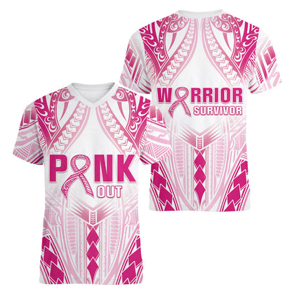 Breast Cancer Pink Out Women V-Neck T-Shirt Polynesian Art Tattoo White Version