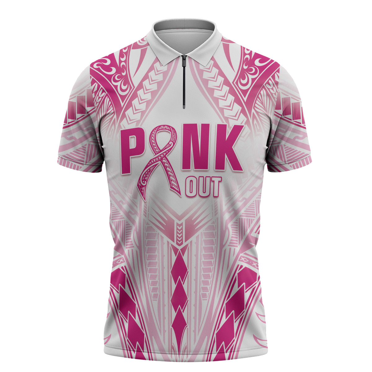 Breast Cancer Pink Out Zipper Polo Shirt Polynesian Art Tattoo White Version