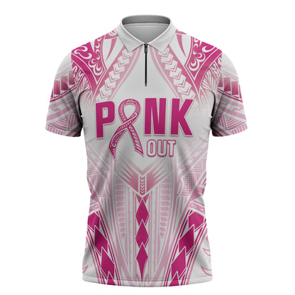 Breast Cancer Pink Out Zipper Polo Shirt Polynesian Art Tattoo White Version