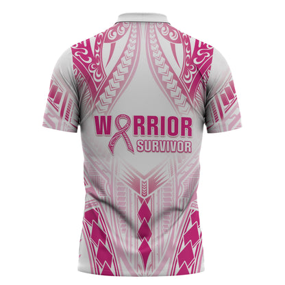 Breast Cancer Pink Out Zipper Polo Shirt Polynesian Art Tattoo White Version