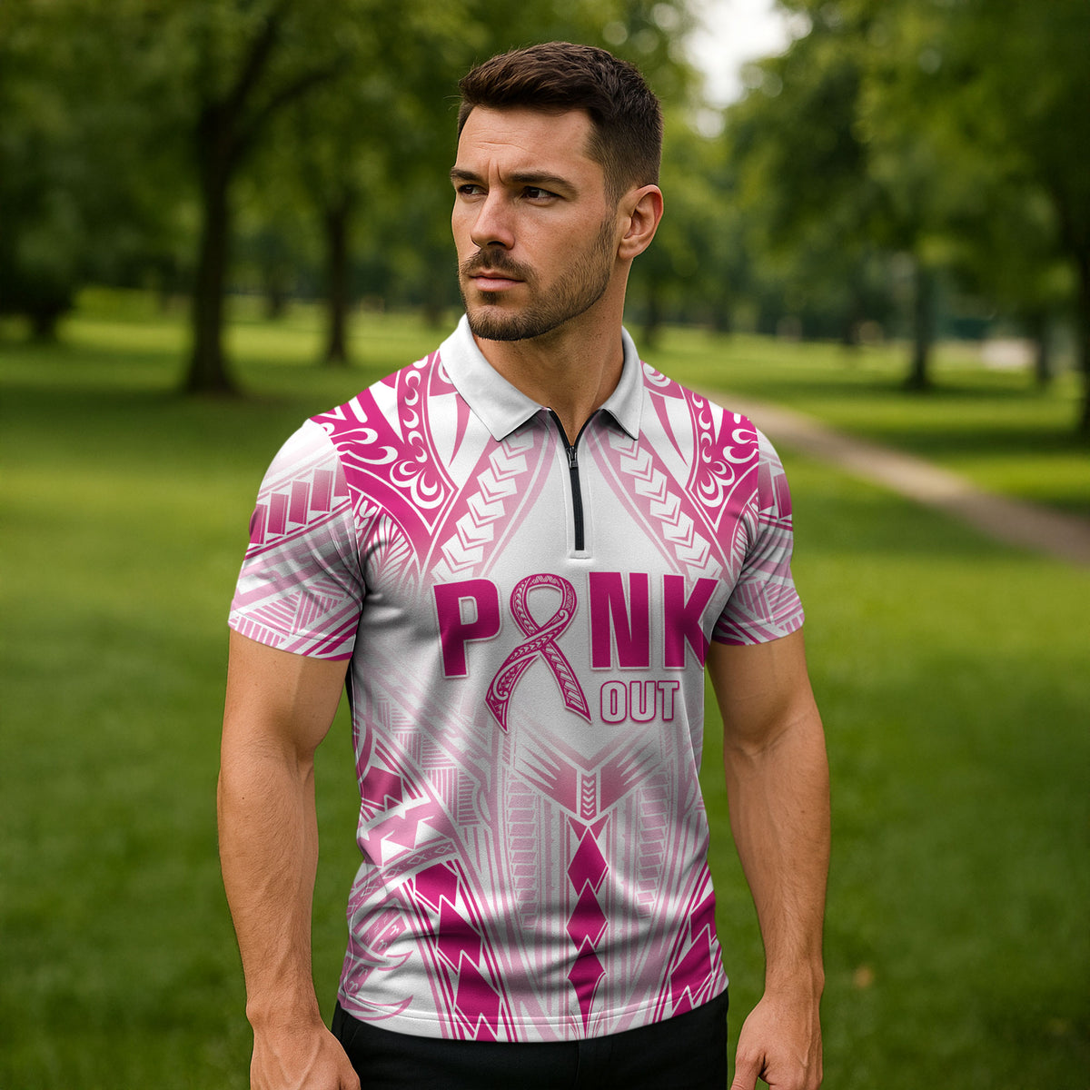 Breast Cancer Pink Out Zipper Polo Shirt Polynesian Art Tattoo White Version