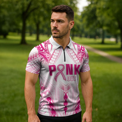 Breast Cancer Pink Out Zipper Polo Shirt Polynesian Art Tattoo White Version