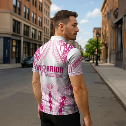 Breast Cancer Pink Out Zipper Polo Shirt Polynesian Art Tattoo White Version