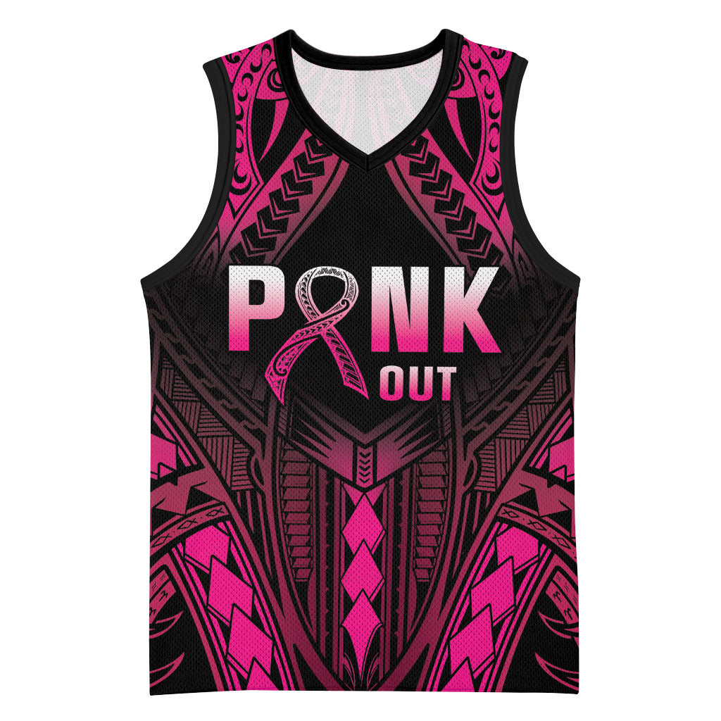 Breast Cancer Pink Out Basketball Jersey Polynesian Art Tattoo Black Version