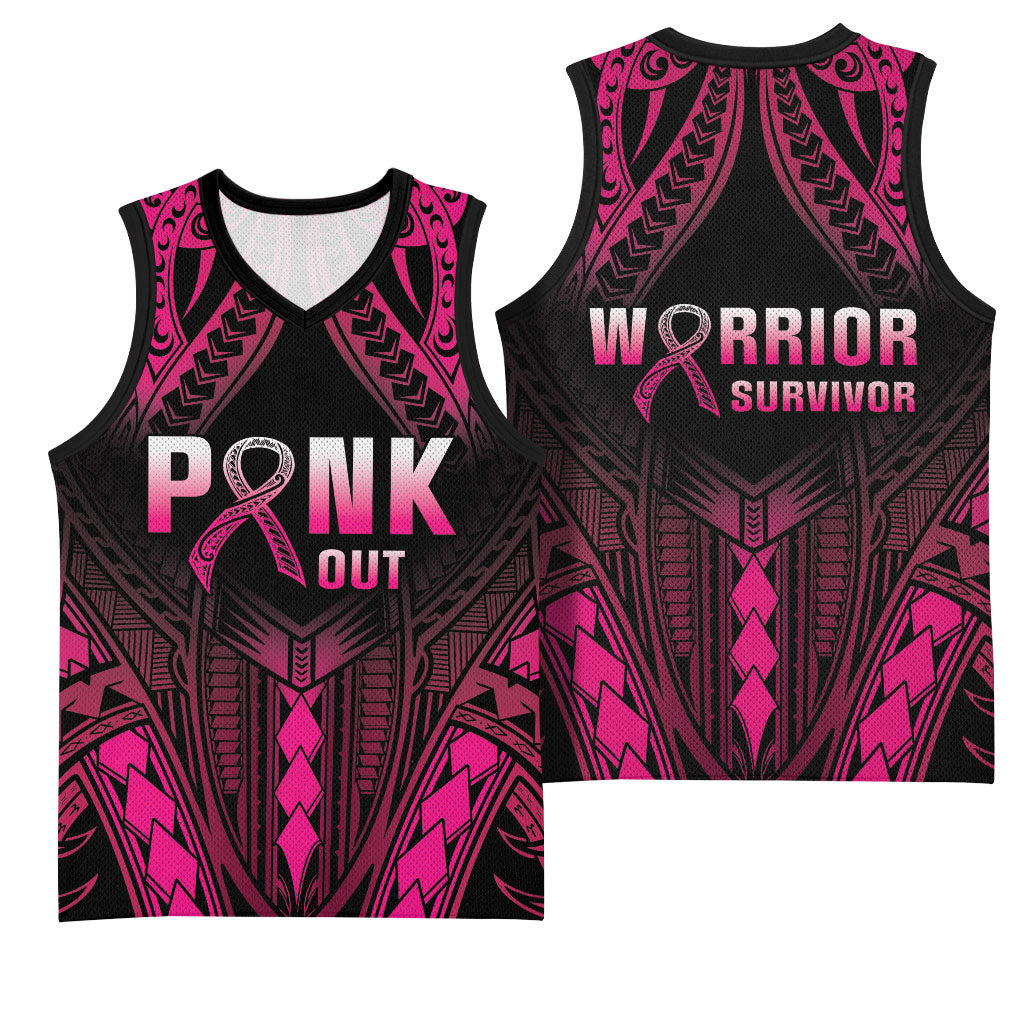 Breast Cancer Pink Out Basketball Jersey Polynesian Art Tattoo Black Version