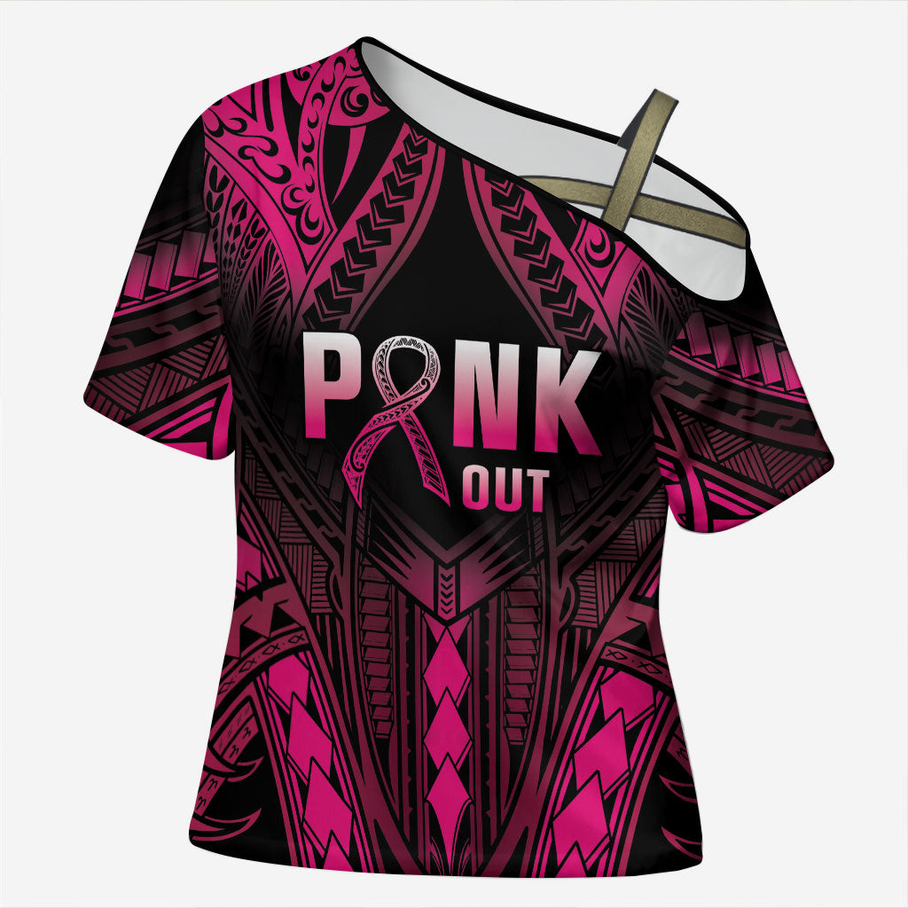 Breast Cancer Pink Out Cross Shoulder Shirt Polynesian Art Tattoo Black Version