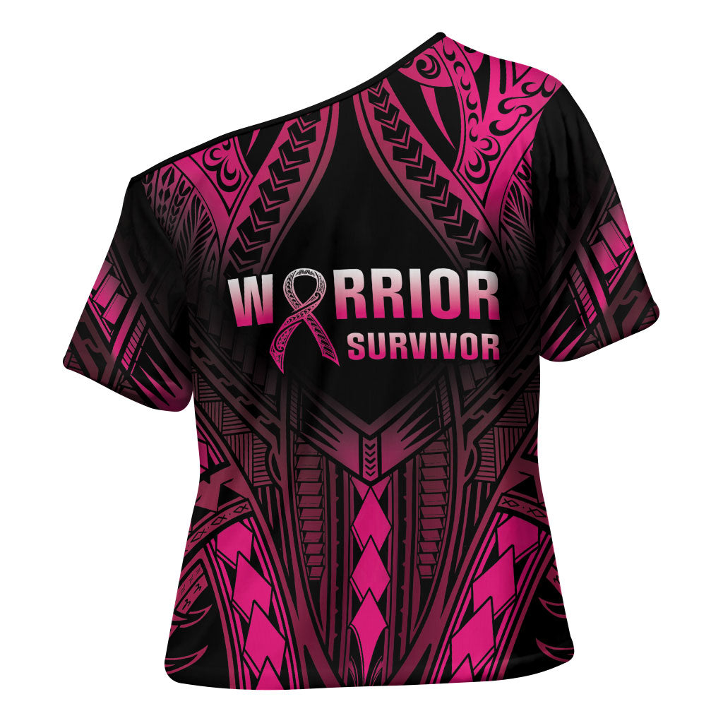 Breast Cancer Pink Out Cross Shoulder Shirt Polynesian Art Tattoo Black Version