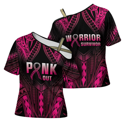 Breast Cancer Pink Out Cross Shoulder Shirt Polynesian Art Tattoo Black Version