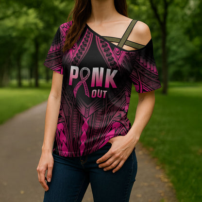 Breast Cancer Pink Out Cross Shoulder Shirt Polynesian Art Tattoo Black Version