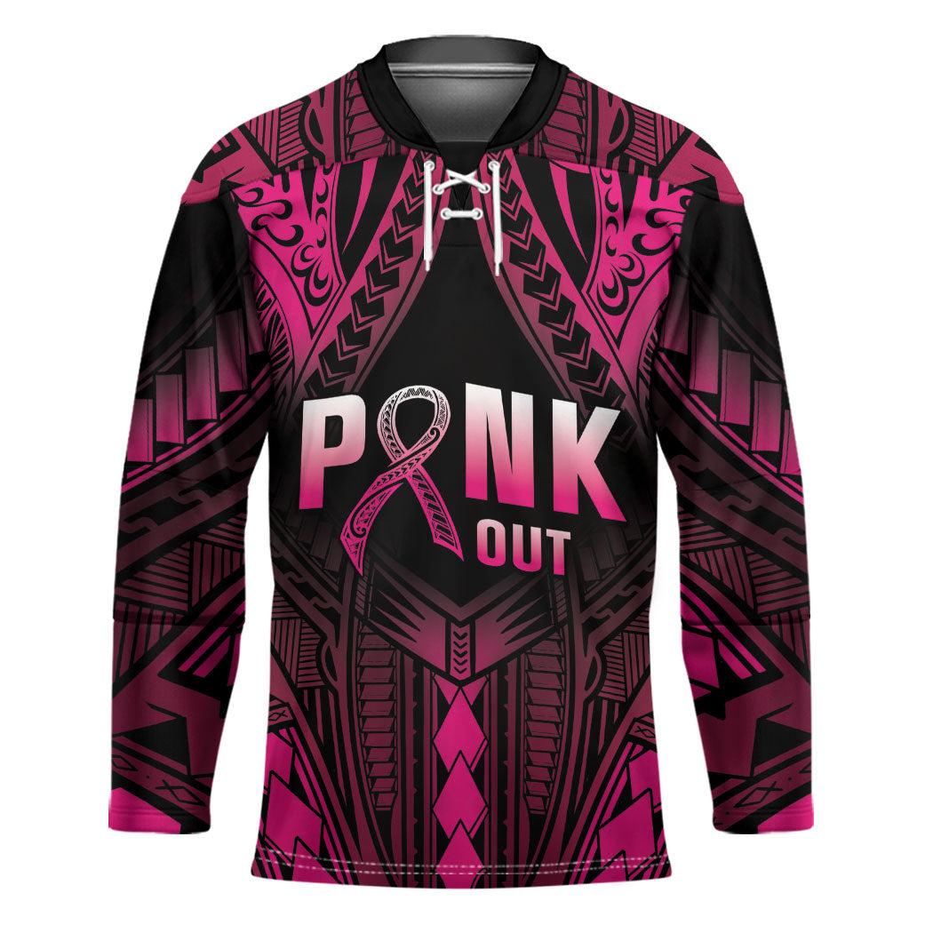 Breast Cancer Pink Out Hockey Jersey Polynesian Art Tattoo Black Version