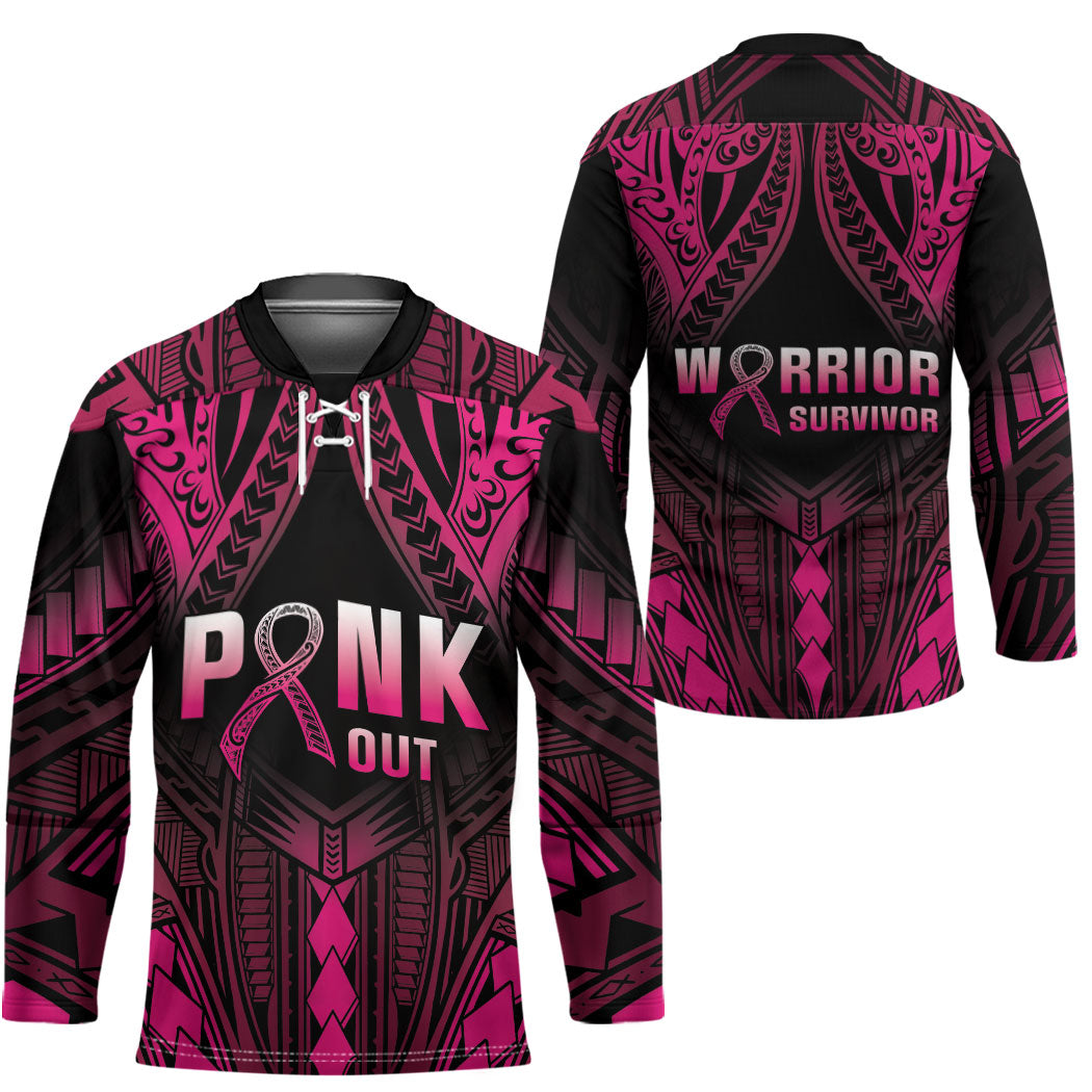 Breast Cancer Pink Out Hockey Jersey Polynesian Art Tattoo Black Version