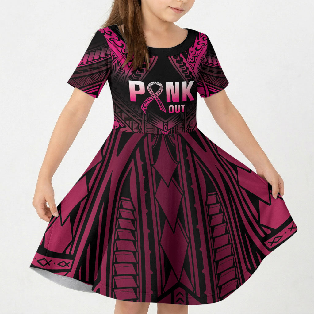 Breast Cancer Pink Out Kid Short Sleeve Dress Polynesian Art Tattoo Black Version