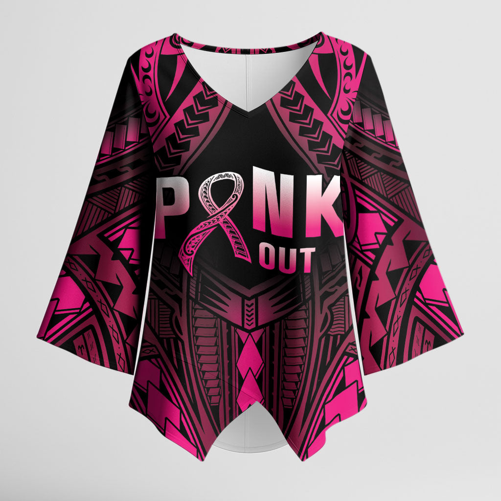 Breast Cancer Pink Out Kimono Sleeve Blouse Polynesian Art Tattoo Black Version