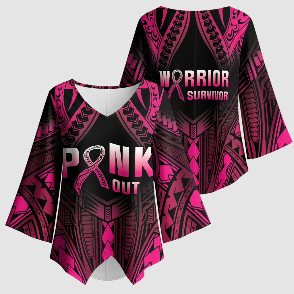 Breast Cancer Pink Out Kimono Sleeve Blouse Polynesian Art Tattoo Black Version