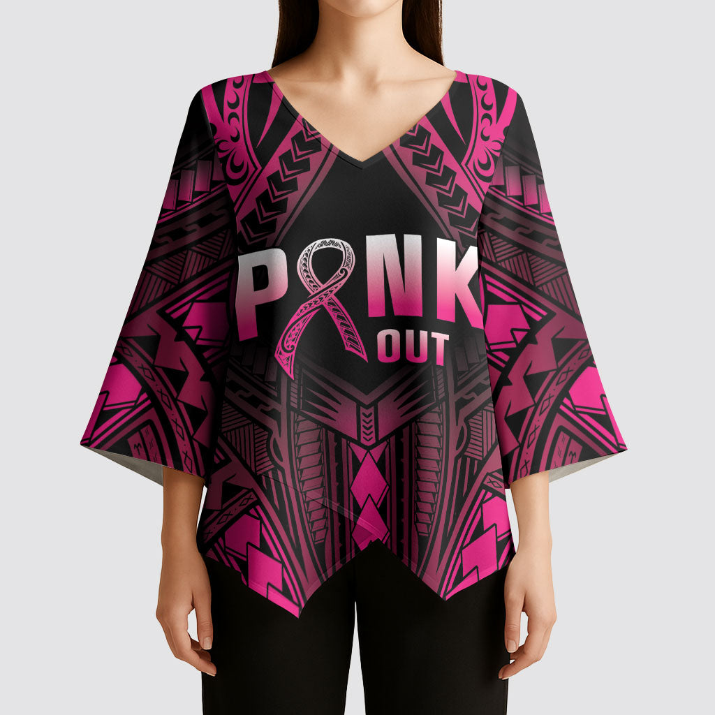 Breast Cancer Pink Out Kimono Sleeve Blouse Polynesian Art Tattoo Black Version