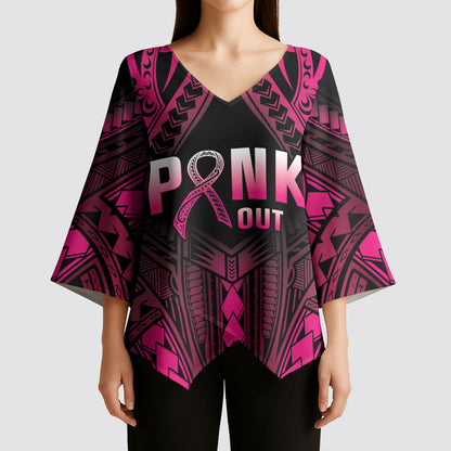 Breast Cancer Pink Out Kimono Sleeve Blouse Polynesian Art Tattoo Black Version
