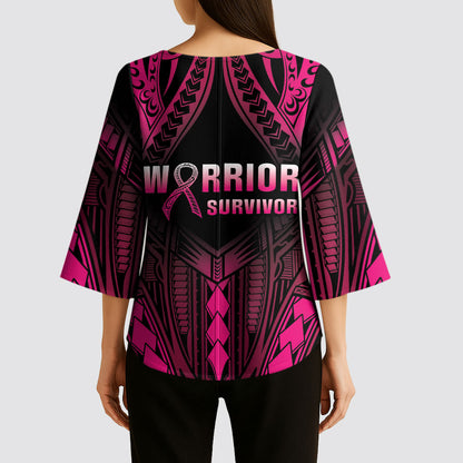 Breast Cancer Pink Out Kimono Sleeve Blouse Polynesian Art Tattoo Black Version