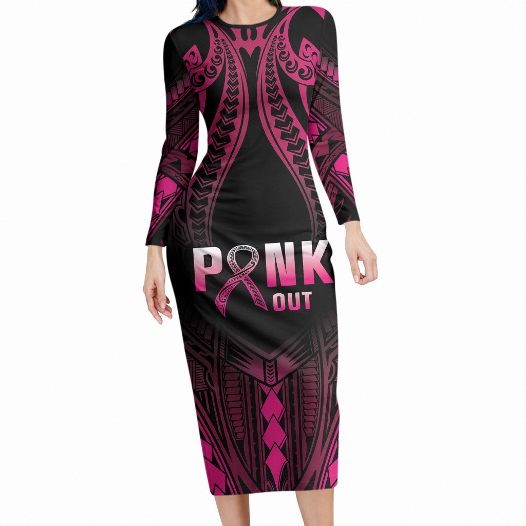 Breast Cancer Pink Out Long Sleeve Bodycon Dress Polynesian Art Tattoo Black Version
