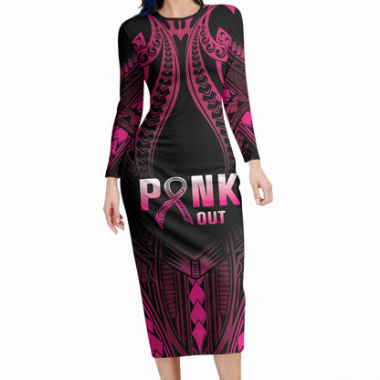 Breast Cancer Pink Out Long Sleeve Bodycon Dress Polynesian Art Tattoo Black Version