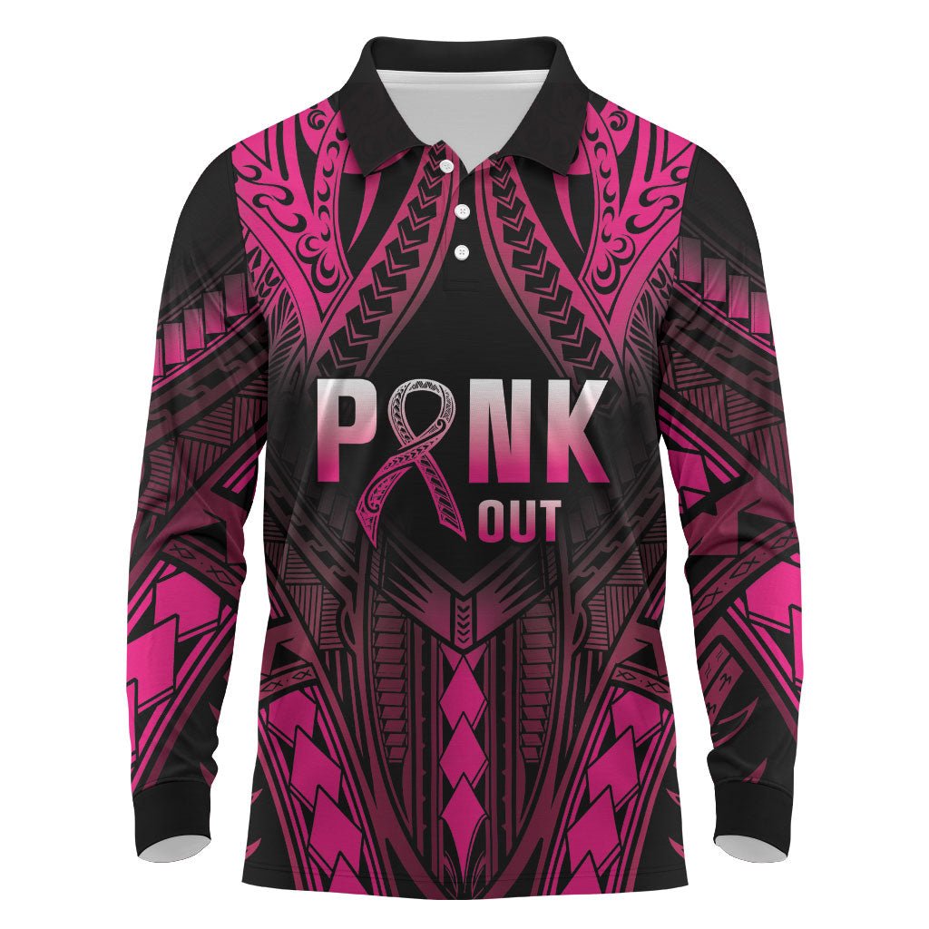 Breast Cancer Pink Out Long Sleeve Polo Shirt Polynesian Art Tattoo Black Version