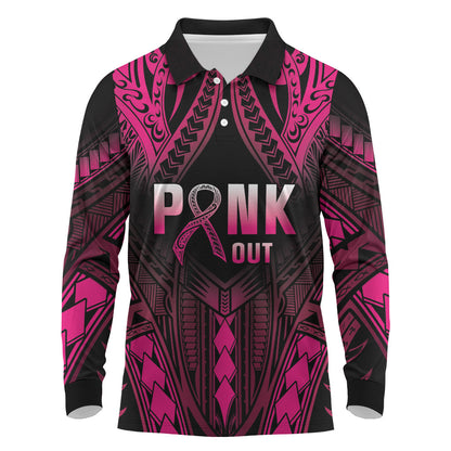 Breast Cancer Pink Out Long Sleeve Polo Shirt Polynesian Art Tattoo Black Version