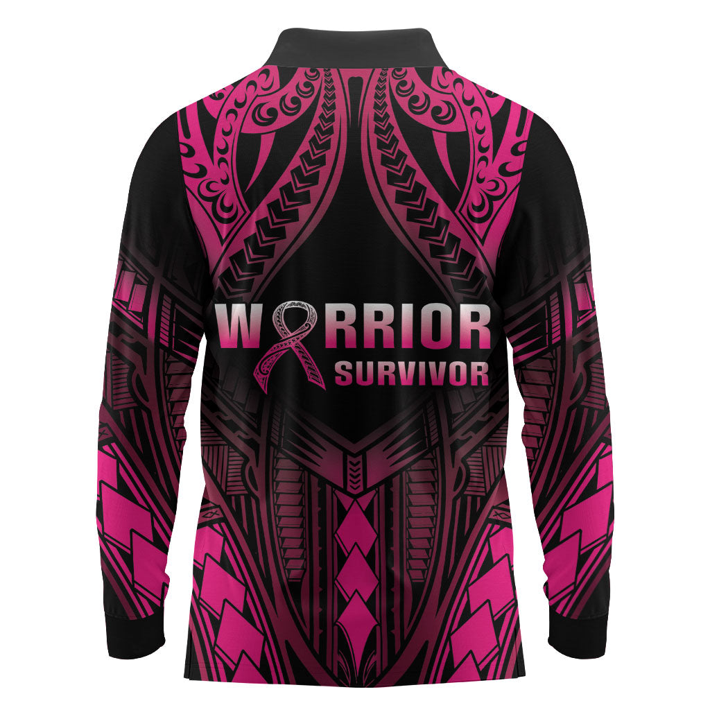 Breast Cancer Pink Out Long Sleeve Polo Shirt Polynesian Art Tattoo Black Version