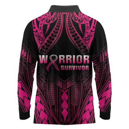 Breast Cancer Pink Out Long Sleeve Polo Shirt Polynesian Art Tattoo Black Version