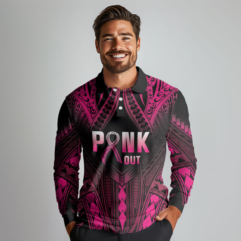 Breast Cancer Pink Out Long Sleeve Polo Shirt Polynesian Art Tattoo Black Version