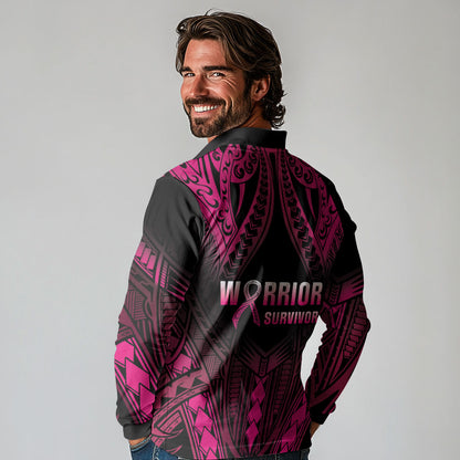 Breast Cancer Pink Out Long Sleeve Polo Shirt Polynesian Art Tattoo Black Version