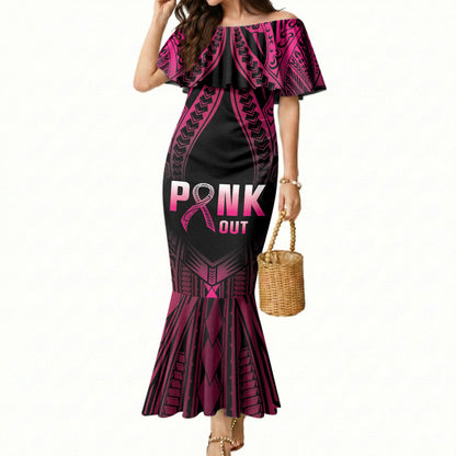 Breast Cancer Pink Out Mermaid Dress Polynesian Art Tattoo Black Version