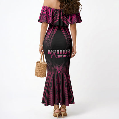Breast Cancer Pink Out Mermaid Dress Polynesian Art Tattoo Black Version