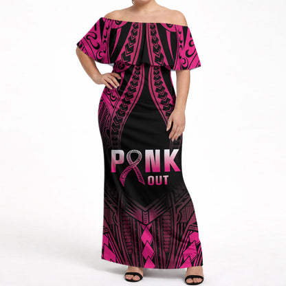 Breast Cancer Pink Out Off Shoulder Maxi Dress Polynesian Art Tattoo Black Version
