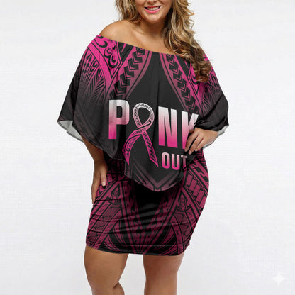 Breast Cancer Pink Out Off Shoulder Short Dress Polynesian Art Tattoo Black Version