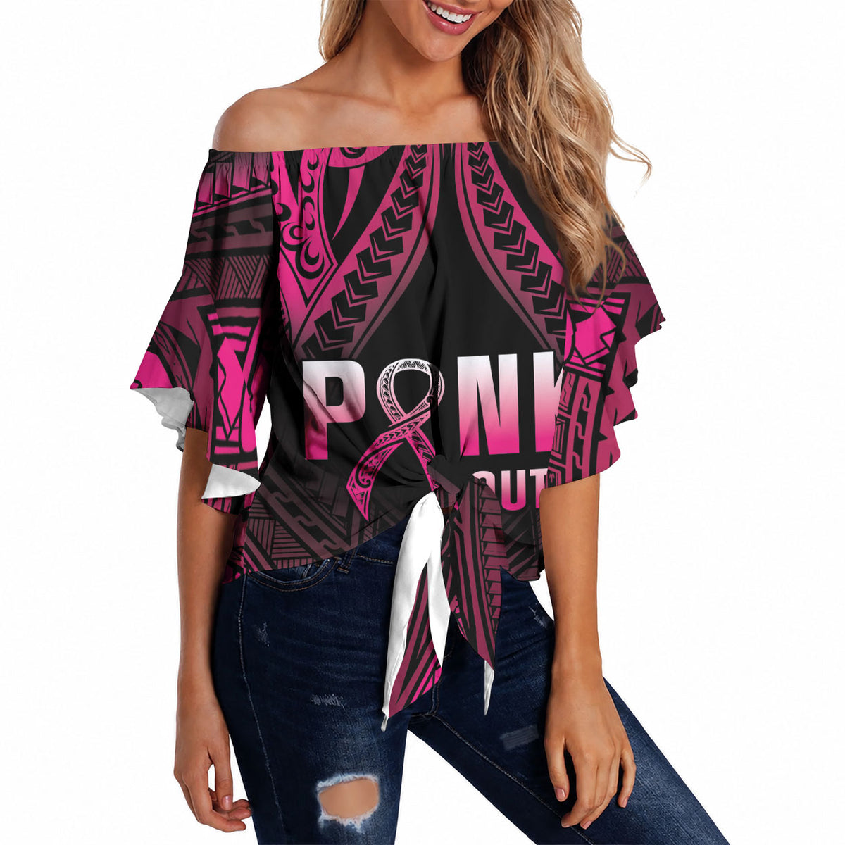 Breast Cancer Pink Out Off Shoulder Wrap Waist Top Polynesian Art Tattoo Black Version