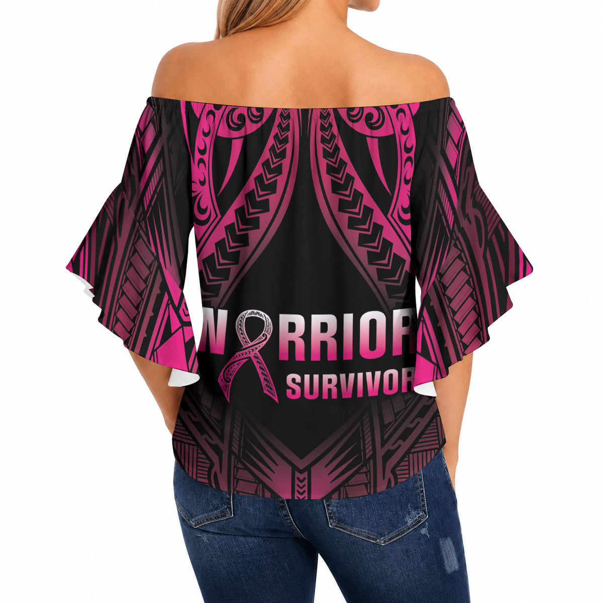 Breast Cancer Pink Out Off Shoulder Wrap Waist Top Polynesian Art Tattoo Black Version