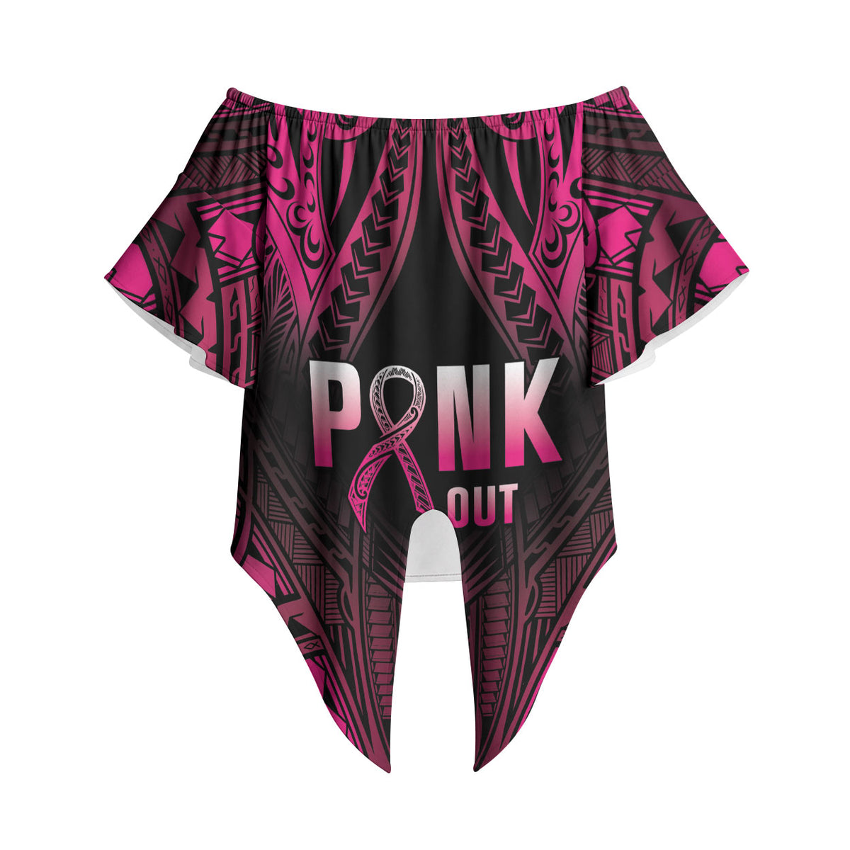 Breast Cancer Pink Out Off Shoulder Wrap Waist Top Polynesian Art Tattoo Black Version