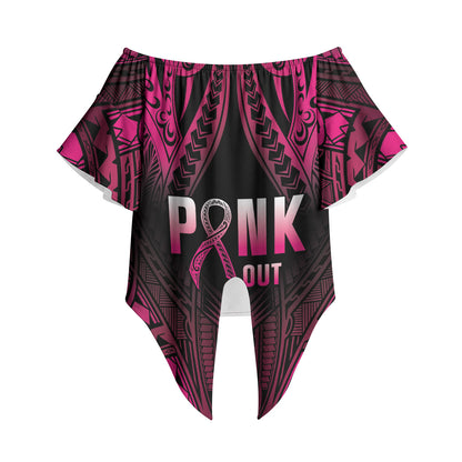 Breast Cancer Pink Out Off Shoulder Wrap Waist Top Polynesian Art Tattoo Black Version