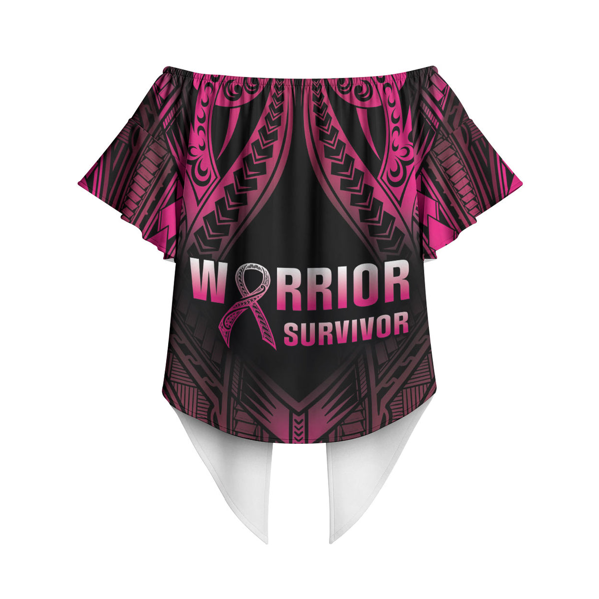 Breast Cancer Pink Out Off Shoulder Wrap Waist Top Polynesian Art Tattoo Black Version