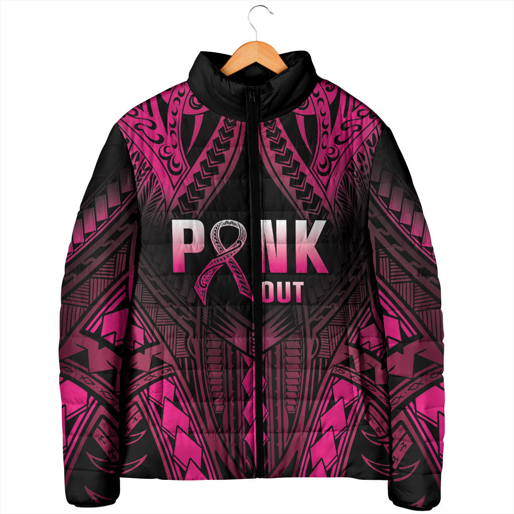 Breast Cancer Pink Out Padded Jacket Polynesian Art Tattoo Black Version