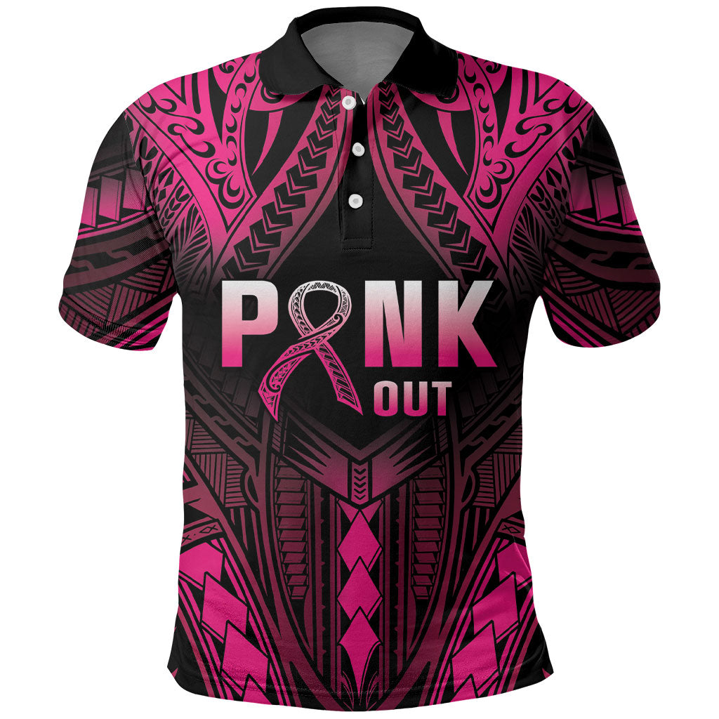 Breast Cancer Pink Out Polo Shirt Polynesian Art Tattoo Black Version