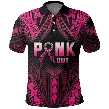 Breast Cancer Pink Out Polo Shirt Polynesian Art Tattoo Black Version