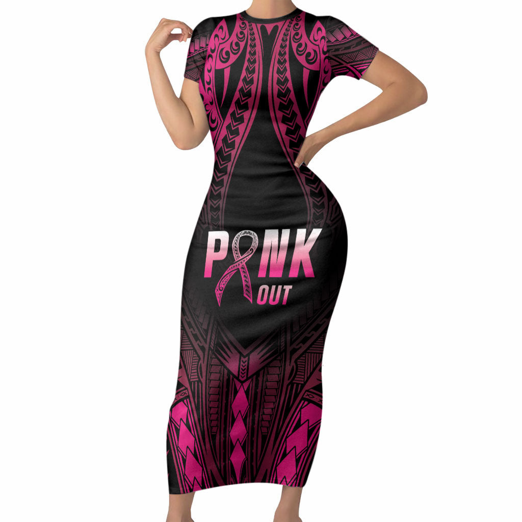 Breast Cancer Pink Out Short Sleeve Bodycon Dress Polynesian Art Tattoo Black Version