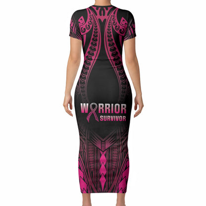 Breast Cancer Pink Out Short Sleeve Bodycon Dress Polynesian Art Tattoo Black Version