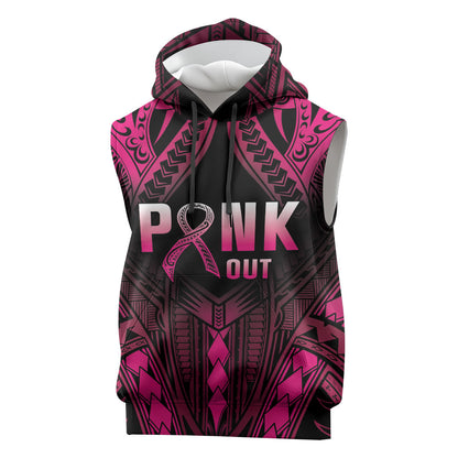 Breast Cancer Pink Out Sleeveless Hoodie Polynesian Art Tattoo Black Version