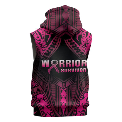 Breast Cancer Pink Out Sleeveless Hoodie Polynesian Art Tattoo Black Version