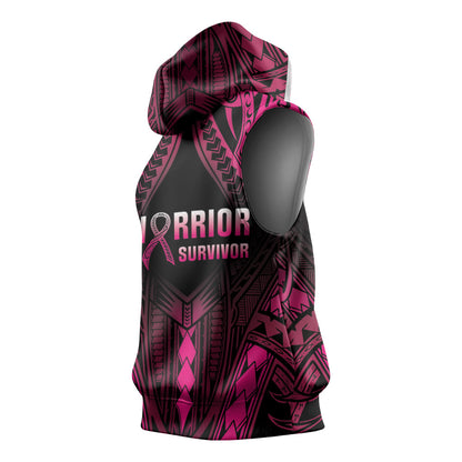 Breast Cancer Pink Out Sleeveless Hoodie Polynesian Art Tattoo Black Version