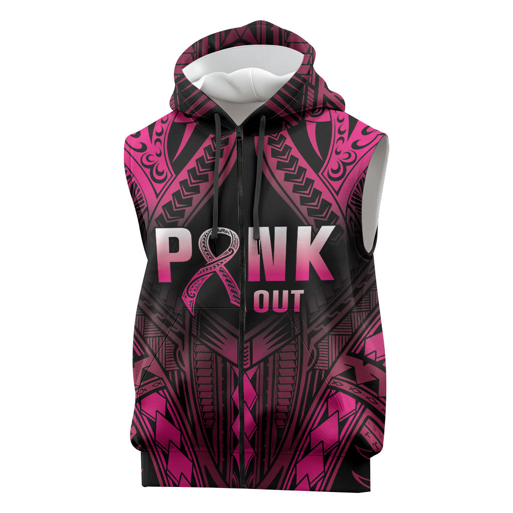 Breast Cancer Pink Out Sleeveless Zip Hoodie Polynesian Art Tattoo Black Version
