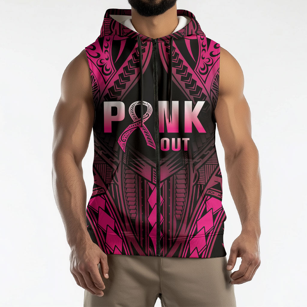 Breast Cancer Pink Out Sleeveless Zip Hoodie Polynesian Art Tattoo Black Version